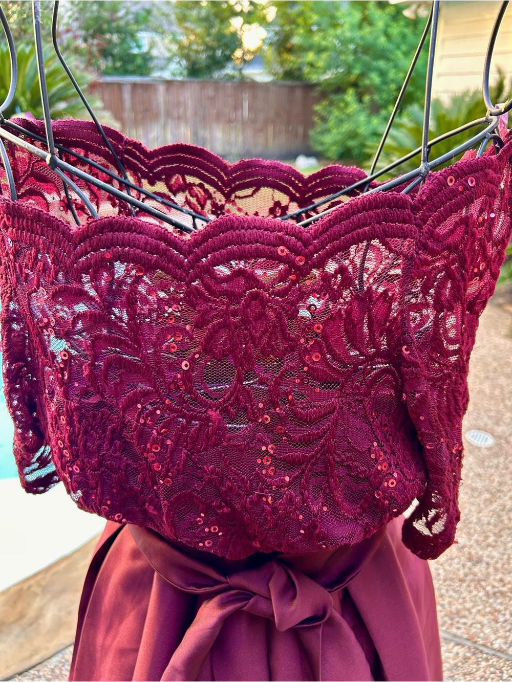 Candalite Burgundy Lace Sequin Formal Dress- Versatile Sleeves and Belt.